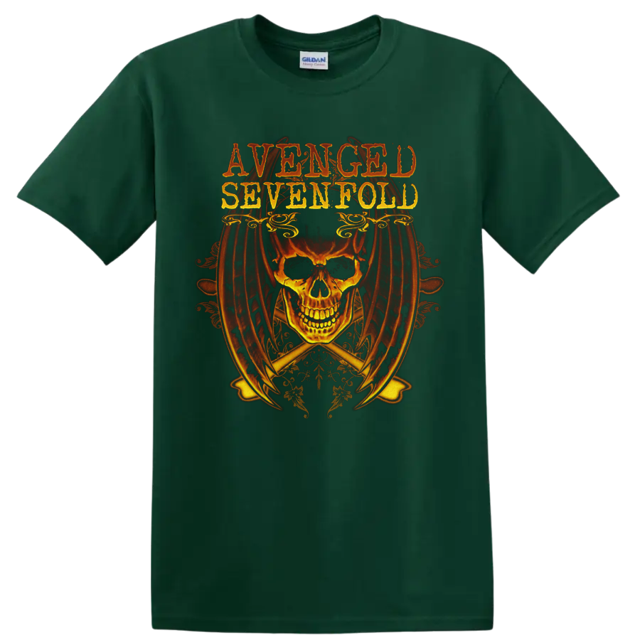 Avenged Sevenfold distressed lettering above a fiery skull with gothic ornaments on a Forest Green T Shirt