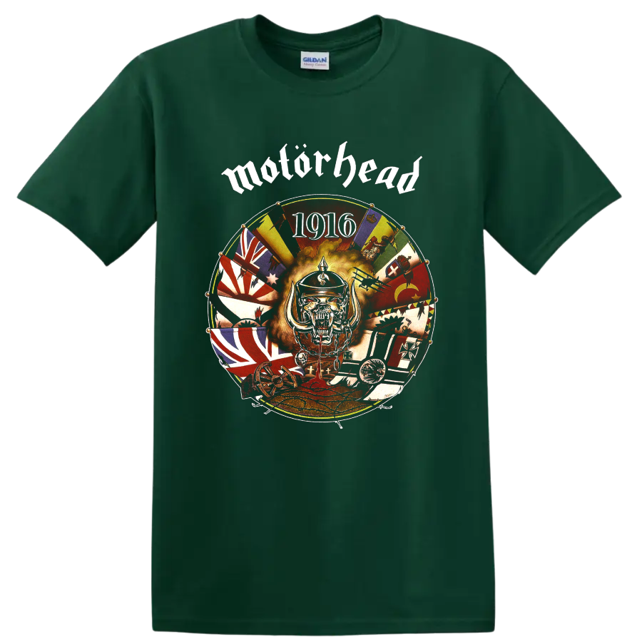 Motorhead 1916 circular war collage with snarling War Pig mascot on a Forest Green T Shirt