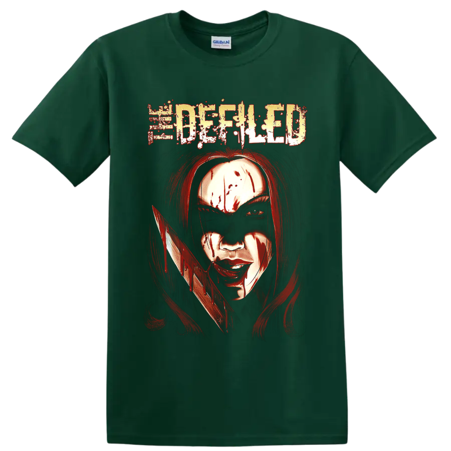 Defiled distressed logo above a blood-streaked figure holding a dripping blade on a Forest Green T Shirt