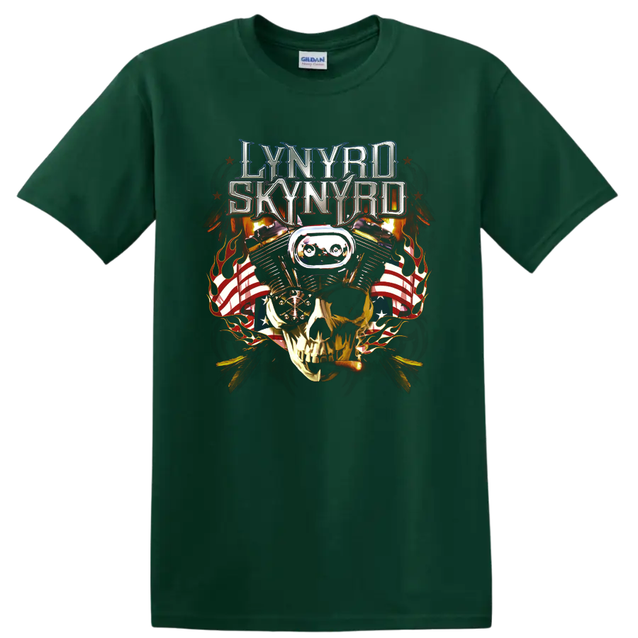 Lynyrd Skynyrd metallic logo above goggled skull, flames, and American flag graphic on a Forest Green T Shirt