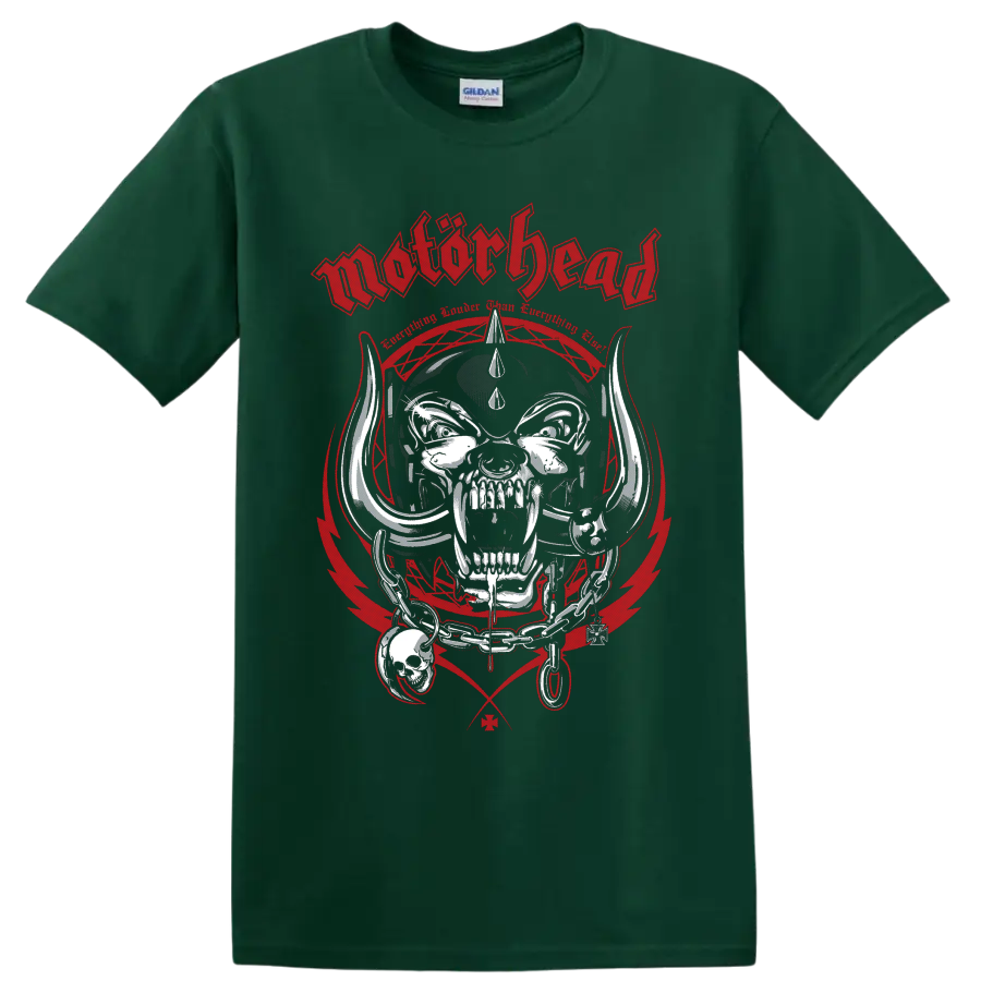 Motorhead Snaggletooth Warpig horned skull graphic with chains and red industrial frame on a Forest Green T Shirt