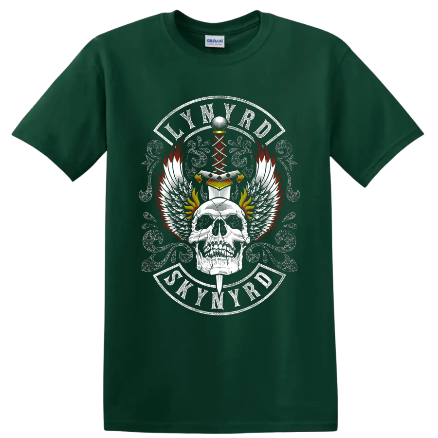 Lynyrd Skynyrd skull, sword, wings, flames, and distressed crest graphic on a Forest Green T Shirt