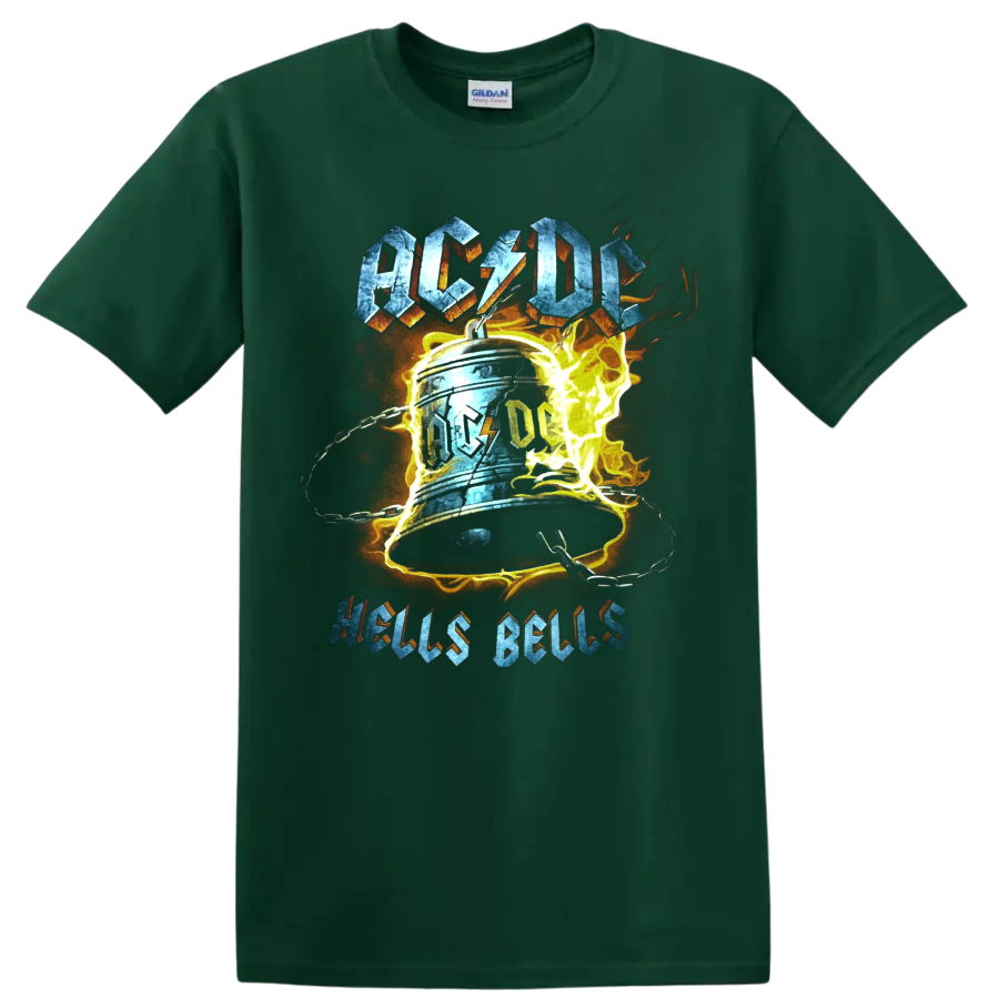 AC/DC Hells Bells distressed rock graphic with chained bell, lightning, and flames on a Forest Green T Shirt