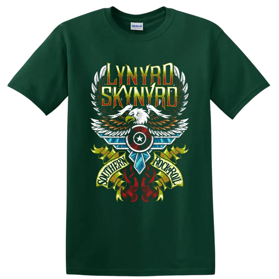 Lynyrd Skynyrd distressed eagle wings graphic with Southern Rock Roll banners on a Forest Green T Shirt