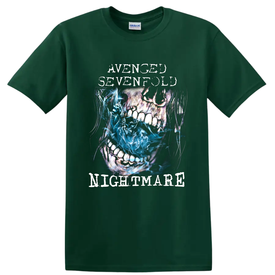 Avenged Sevenfold Nightmare distressed skull and blue skeleton graphic on a Forest Green T Shirt
