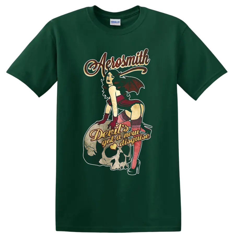 Aerosmith Devil's Got a New Disguise retro devil pinup skull and guitar graphic on a Forest Green T Shirt