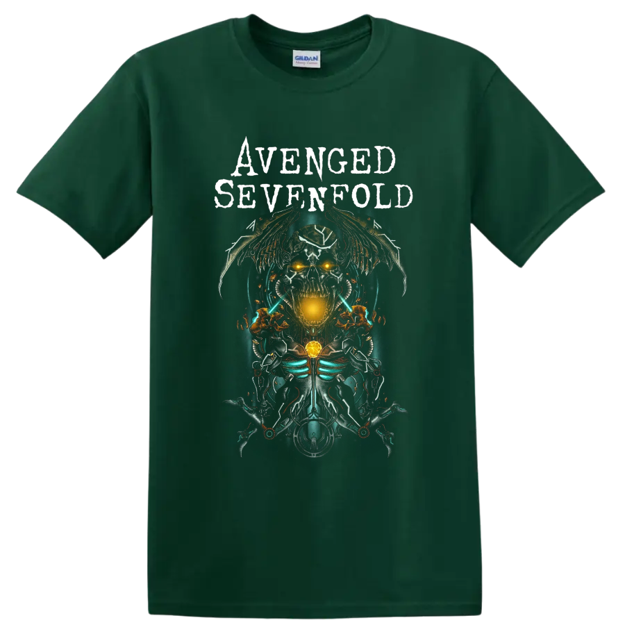 Avenged Sevenfold cybernetic winged skull graphic with distressed band lettering on a Forest Green T Shirt
