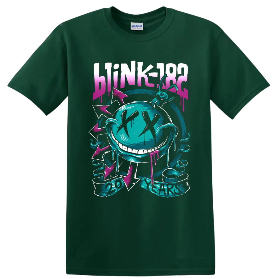 Blink-182 20 Years neon bunny and grinning face with pink arrows and drips on a Forest Green T Shirt