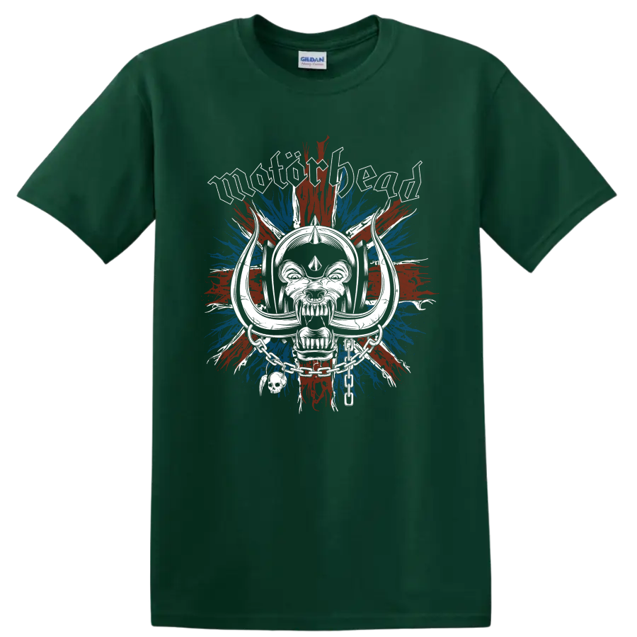 Motorhead Warpig skull with chains over distressed Union Jack paint bursts on a Forest Green T Shirt