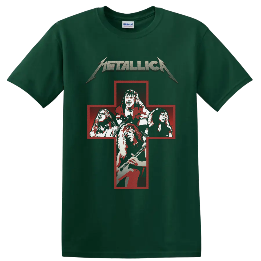 Metallica Cliff ’Em All distressed red cross band portrait graphic on a Forest Green T Shirt