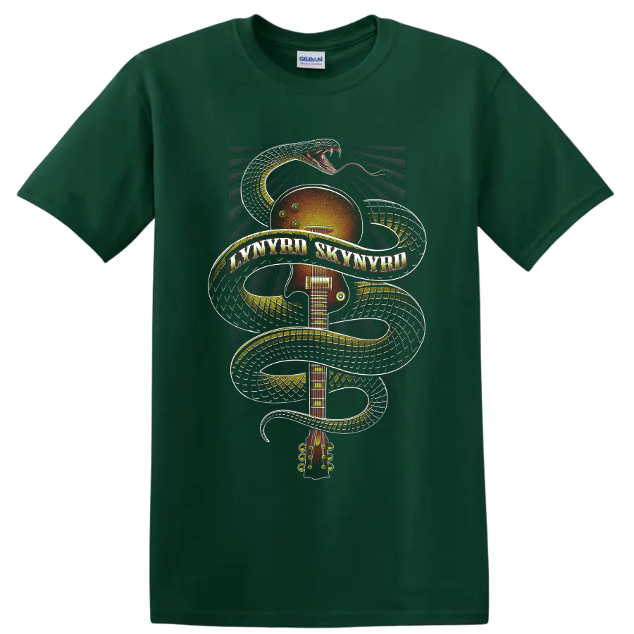 Lynyrd Skynyrd snake-wrapped sunburst guitar in vintage rock poster style on a Forest Green T Shirt