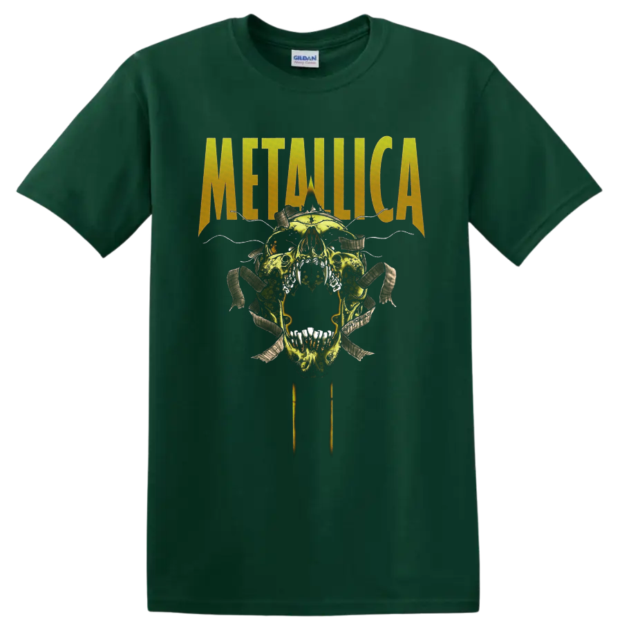 Metallica distressed logo above a horned skull with barbed wire and torn ribbons on a Forest Green T Shirt