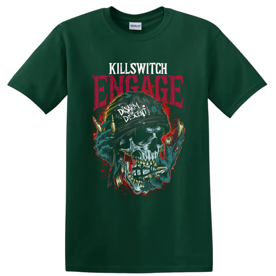 Killswitch Engage Disarm the Descent skull helmet and bullet graphic on a Forest Green T Shirt