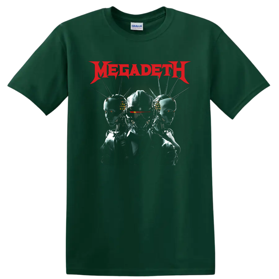 Megadeth logo above Vic Rattlehead cyberpunk robot trio graphic on a Forest Green T Shirt