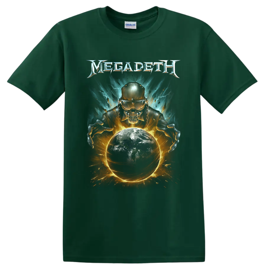 Megadeth Vic Rattlehead skull with burning Earth, lightning, and fiery cosmic art on a Forest Green T Shirt