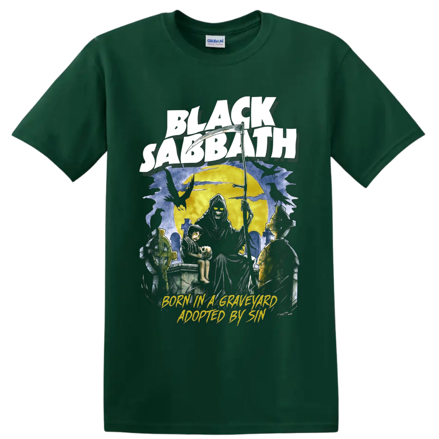 Black Sabbath Grim Reaper graveyard graphic with Born in a Graveyard Adopted by Sin text on a Forest Green T Shirt