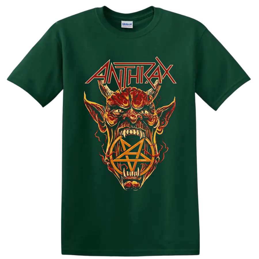 Anthrax logo above a horned snarling creature and pentagram in fiery distressed art on a Forest Green T Shirt