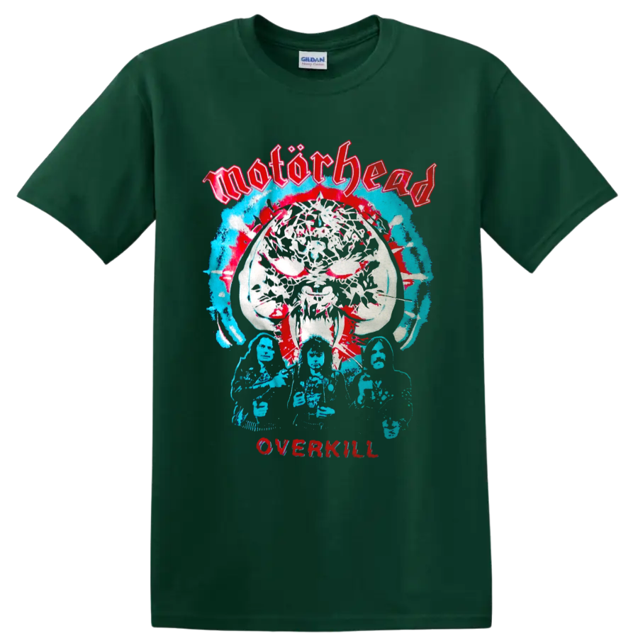 Motorhead Overkill Warpig skull graphic with distressed band figures on a Forest Green T Shirt