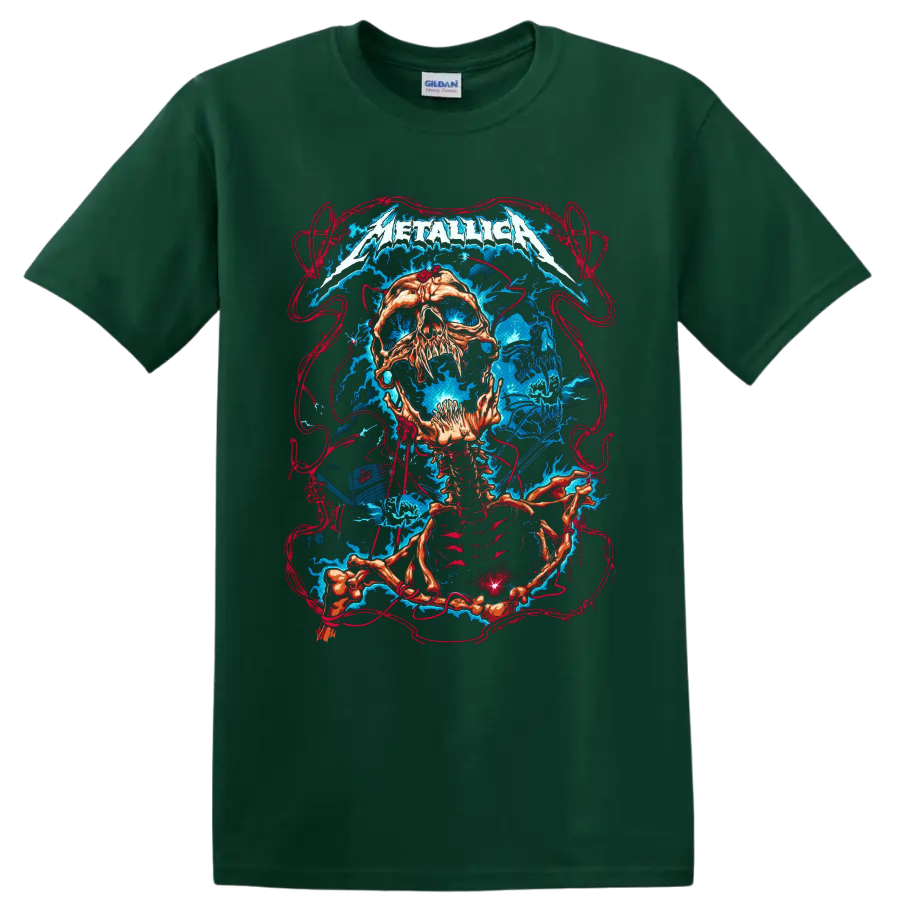 Metallica logo above a skull and skeleton with electric lightning and red linework on a Forest Green T Shirt