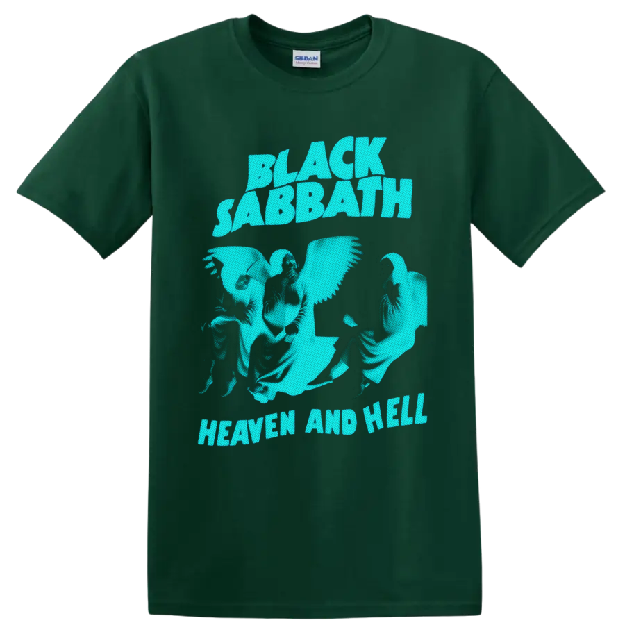 Black Sabbath Heaven and Hell aqua graphic with winged figures and bold lettering on a Forest Green T Shirt