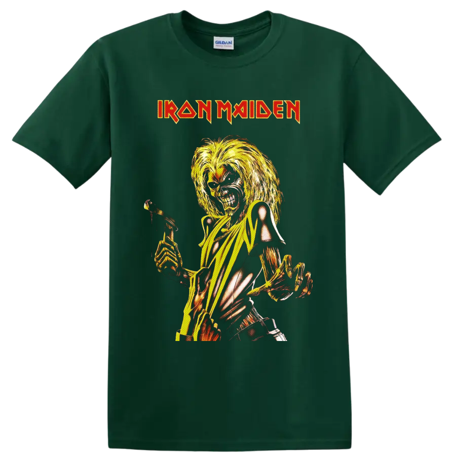 Iron Maiden Killers Eddie the Head skeleton with axe in fiery vintage metal art on a Forest Green T Shirt