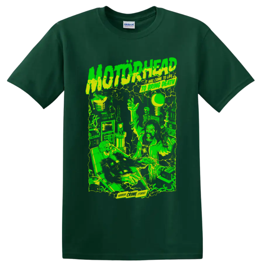 Motorhead Horror Crime Stories neon sci-fi laboratory graphic with skeletons and machinery on a Forest Green T Shirt