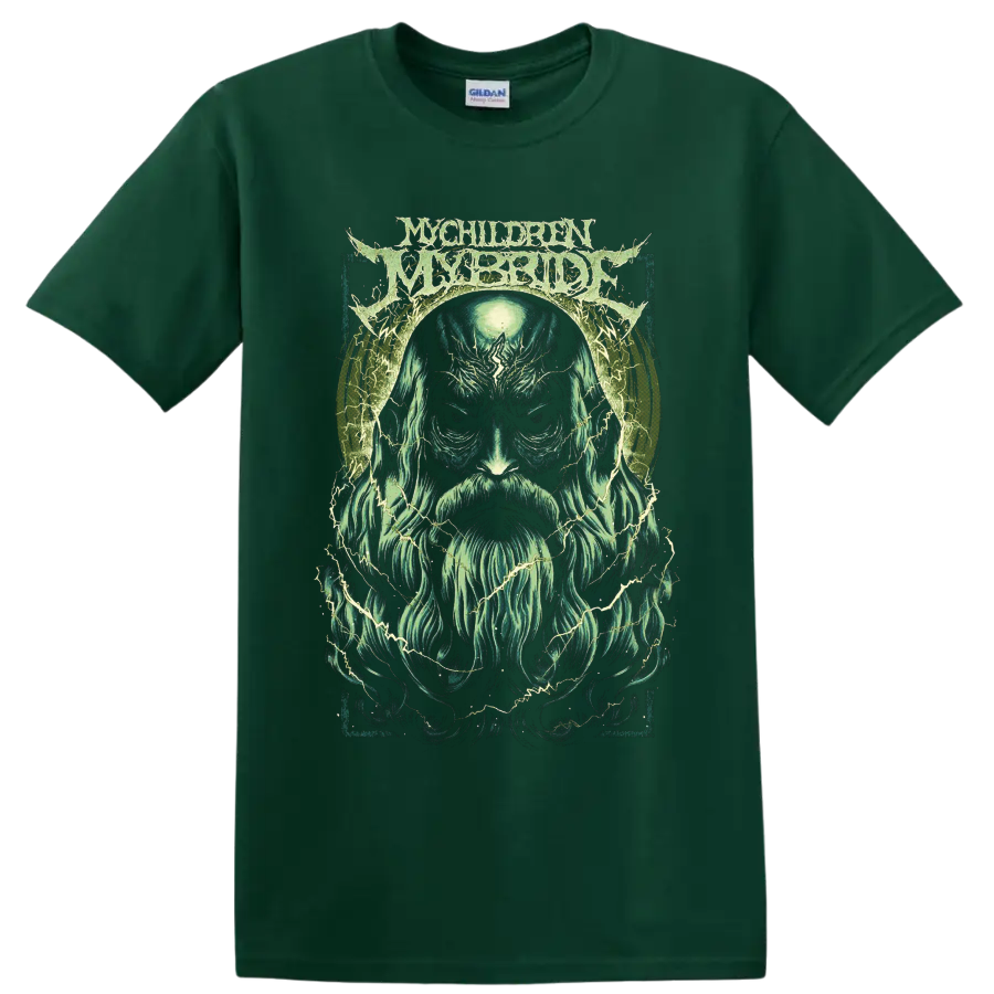 MyChildren MyBride logo above a spectral bearded portrait with lightning on a Forest Green T Shirt