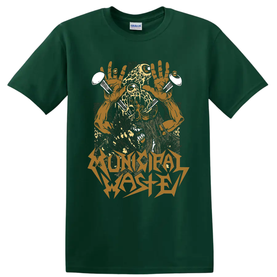 Municipal Waste decayed monster with raised hands, nails, and jagged band lettering on a Forest Green T Shirt
