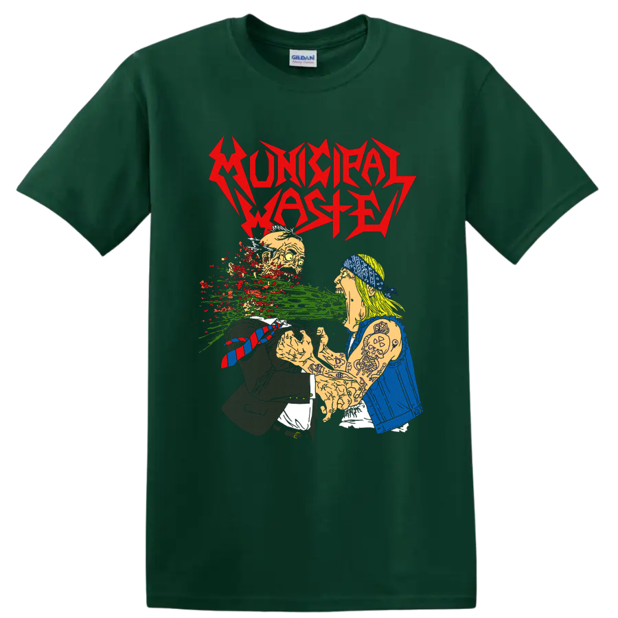 Municipal Waste jagged logo over grotesque cartoon punk horror artwork on a Forest Green T Shirt