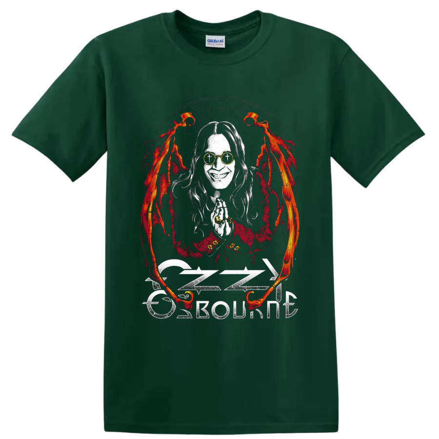 Ozzy Osbourne gothic portrait with flames, clasped hands, and distressed logo on a Forest Green T Shirt