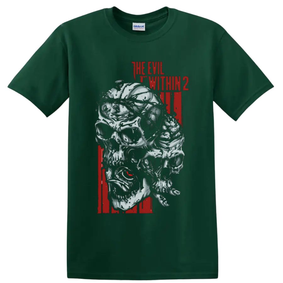 The Evil Within 2 distressed red title above layered gothic skull creature art on a Forest Green T Shirt