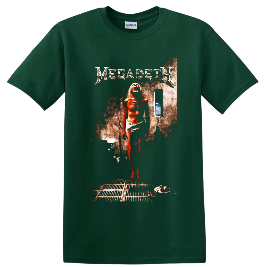 Megadeth Countdown to Extinction distressed album-art scene with red figure on a Forest Green T Shirt