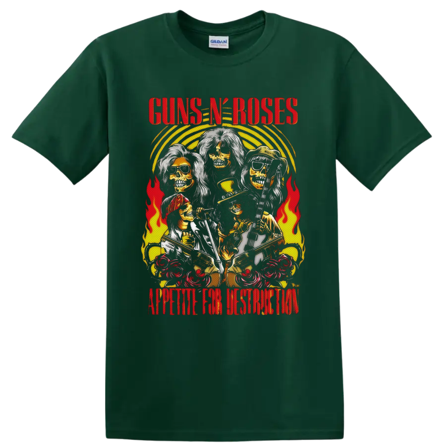 Guns N' Roses Appetite for Destruction skeletal band art with flames and roses on a Forest Green T Shirt
