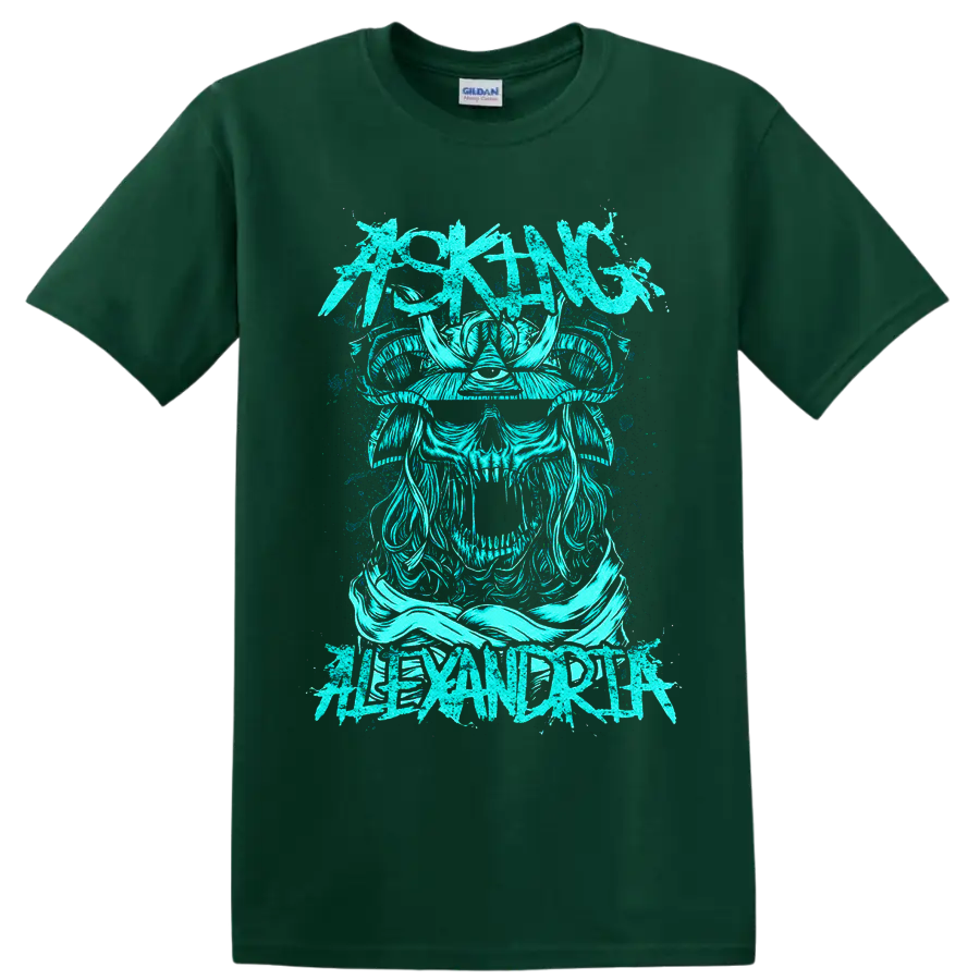 Asking Alexandria distressed turquoise Viking skull and horned helmet graphic on a Forest Green T Shirt