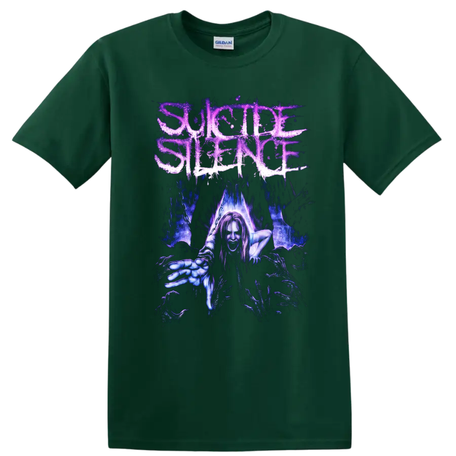 Suicide Silence distressed logo above a reaching gothic horror figure in blue and purple on a Forest Green T Shirt