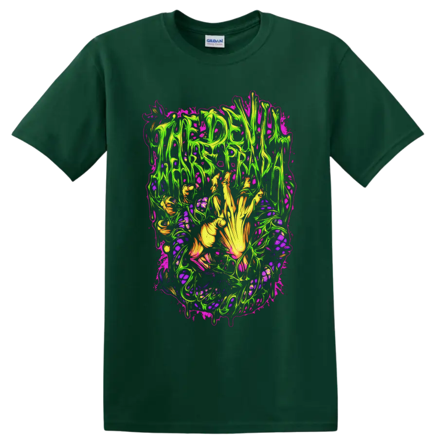 The Devil Wears Prada neon horror artwork with skeletal hand and dripping lettering on a Forest Green T Shirt