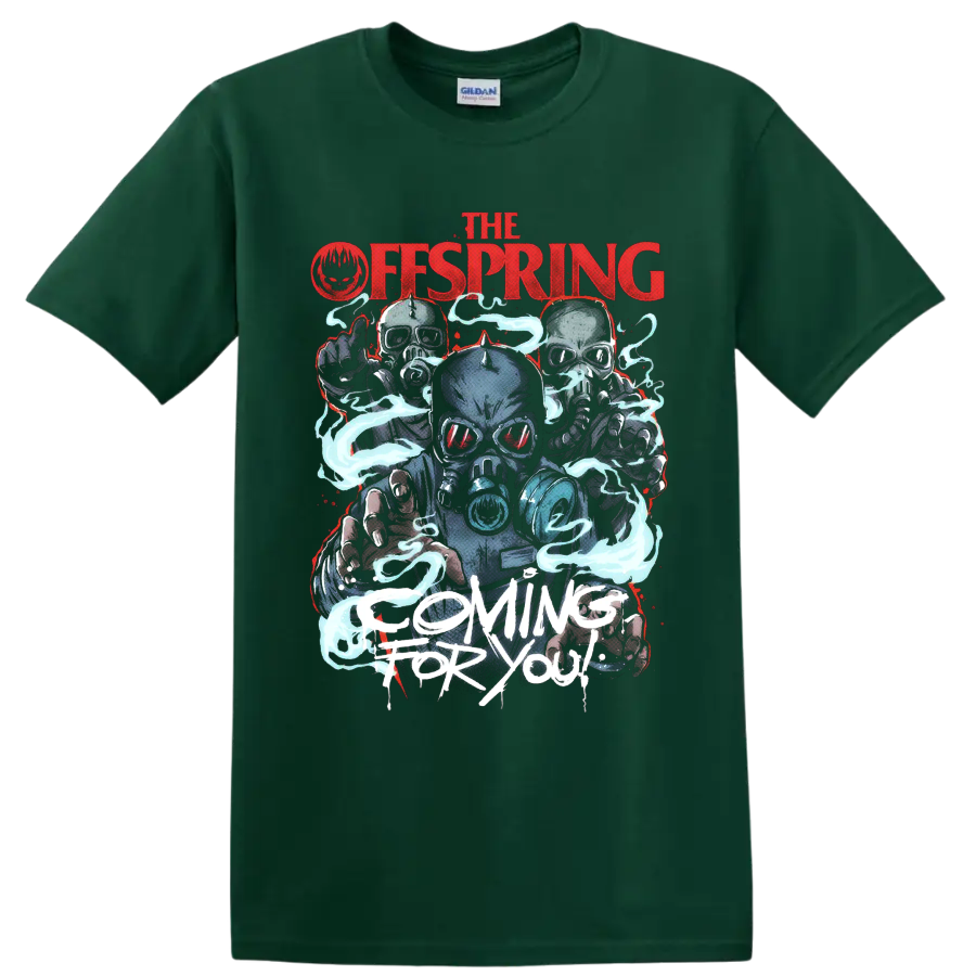 The Offspring Coming for You gas-mask figures with blue smoke and distressed lettering on a Forest Green T Shirt