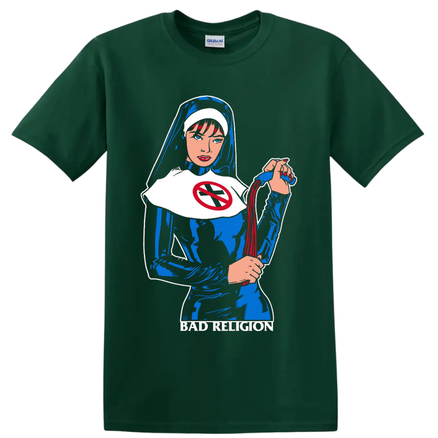 Bad Religion comic-style nun graphic with red no-cross emblem and blue-black artwork on a Forest Green T Shirt