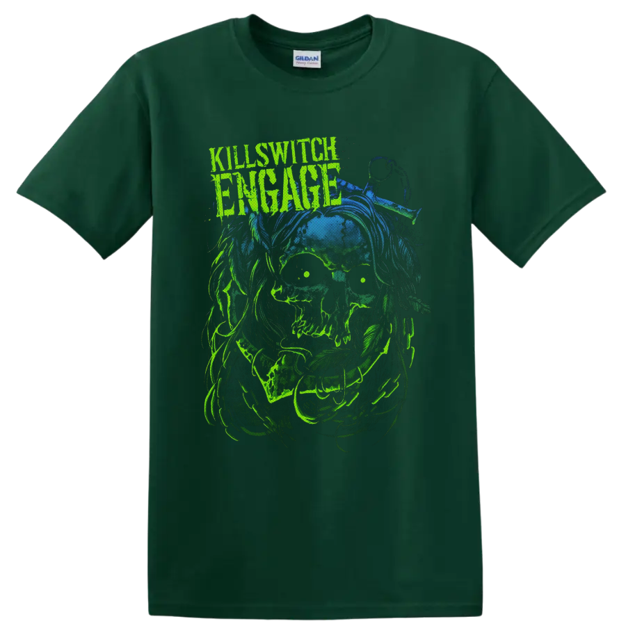 Killswitch Engage distressed logo above neon-green zombie skull horror artwork on a Forest Green T Shirt