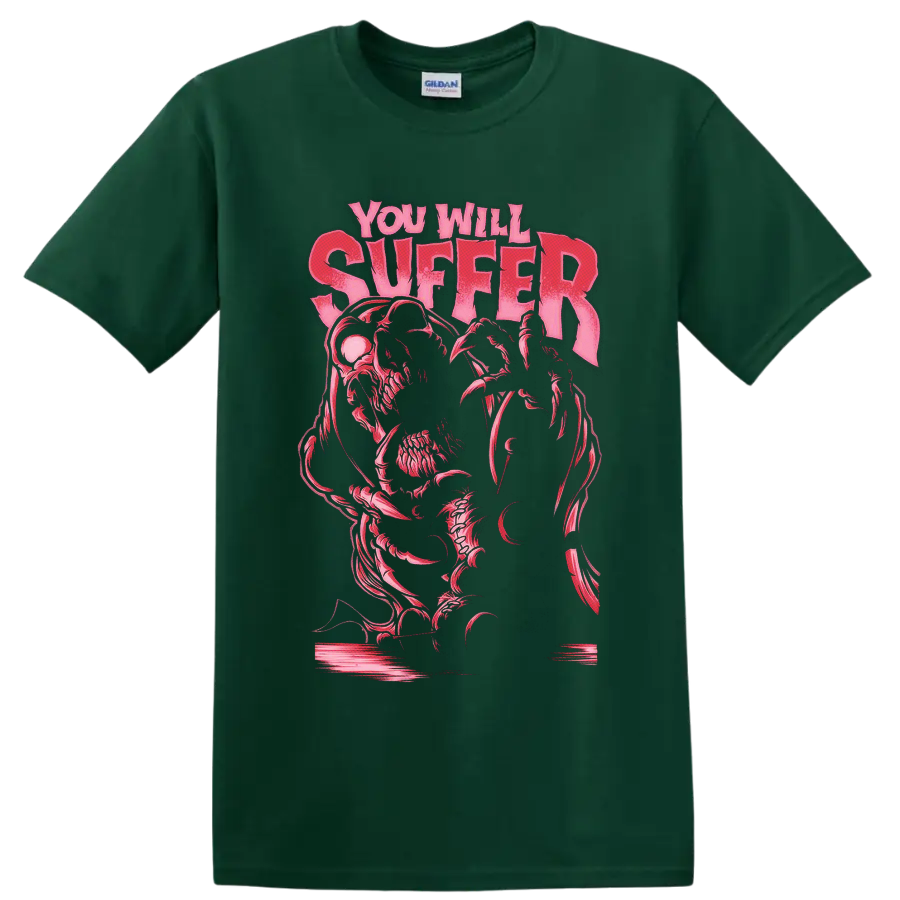 Kreator You Will Suffer distressed pink text with skeletal horror graphic on a Forest Green T Shirt