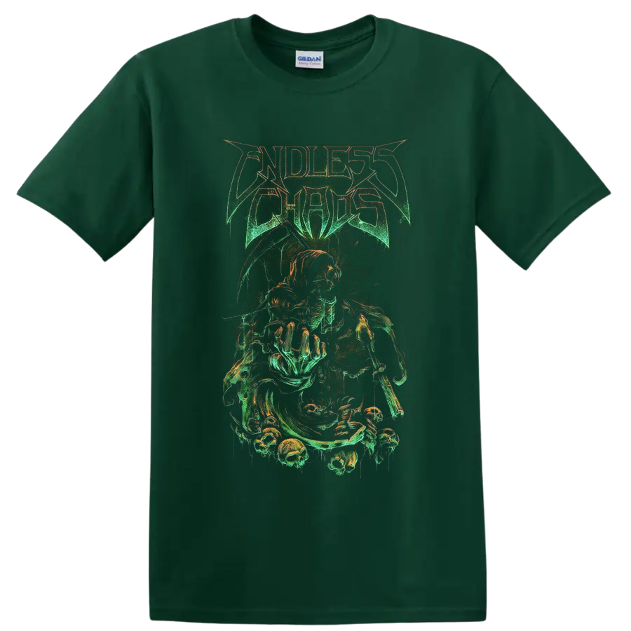 Endless Chaos hooded skeletal reaper and skull gothic metal graphic on a Forest Green T Shirt