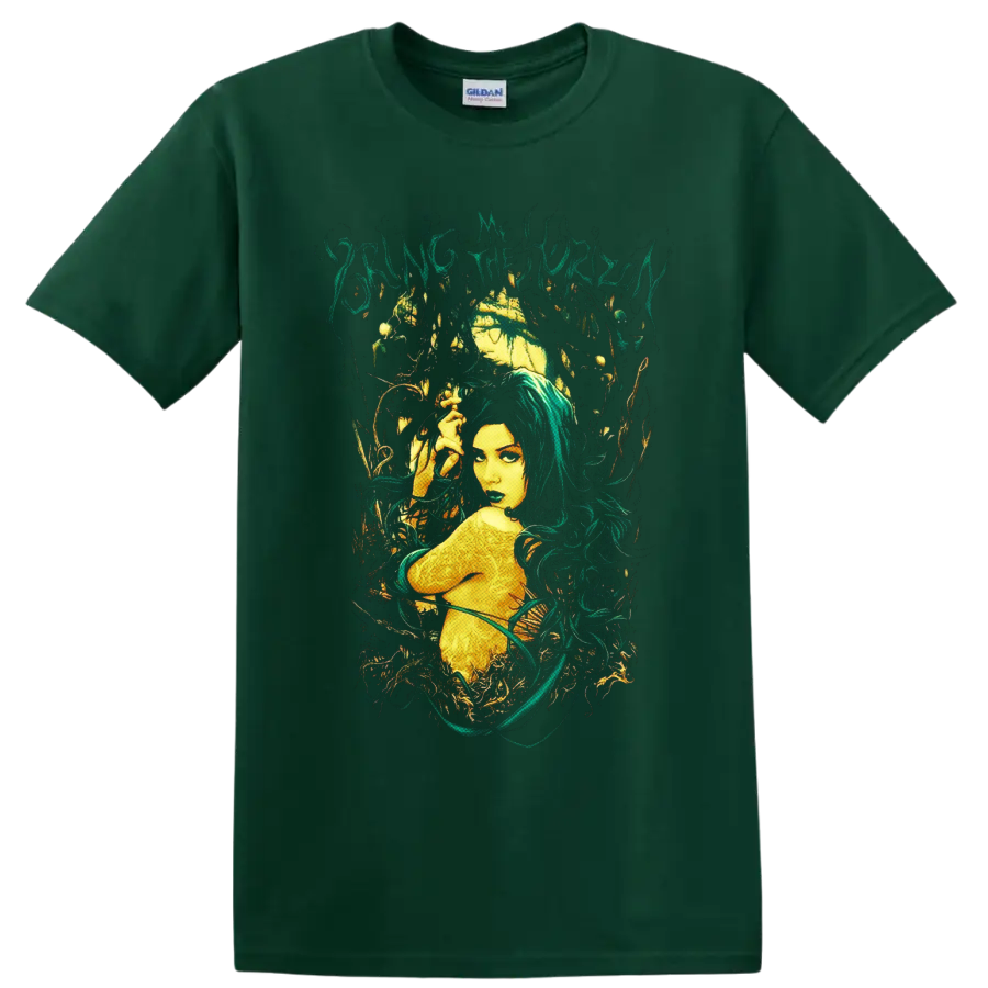 Bring Me the Horizon gothic forest nymph with teal hair, golden moon, and vines on a Forest Green T Shirt