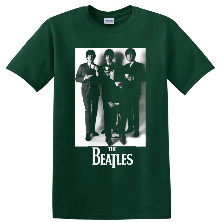 The Beatles black-and-white tea party portrait with band logo on a Forest Green T Shirt