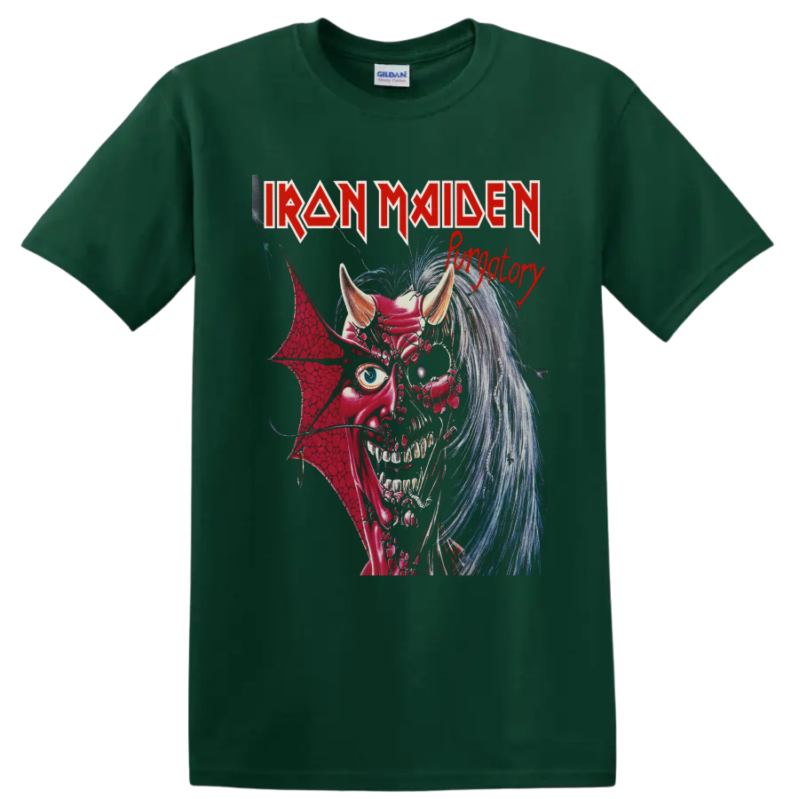 Iron Maiden Purgatory graphic with Eddie as a horned demon in vintage heavy metal art on a Forest Green T Shirt