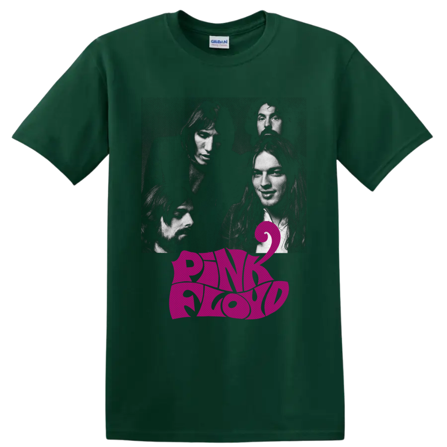 Pink Floyd band portrait graphic with magenta logo lettering and stylized number 2 on a Forest Green T Shirt