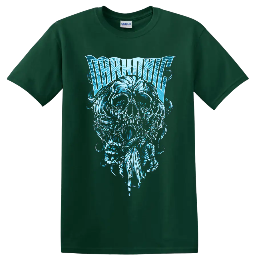 Thornhill lettering above an ornate icy blue skull in detailed metalcore artwork on a Forest Green T Shirt