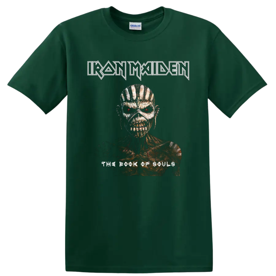 Iron Maiden The Book of Souls Eddie portrait with distressed heavy metal logo on a Forest Green T Shirt