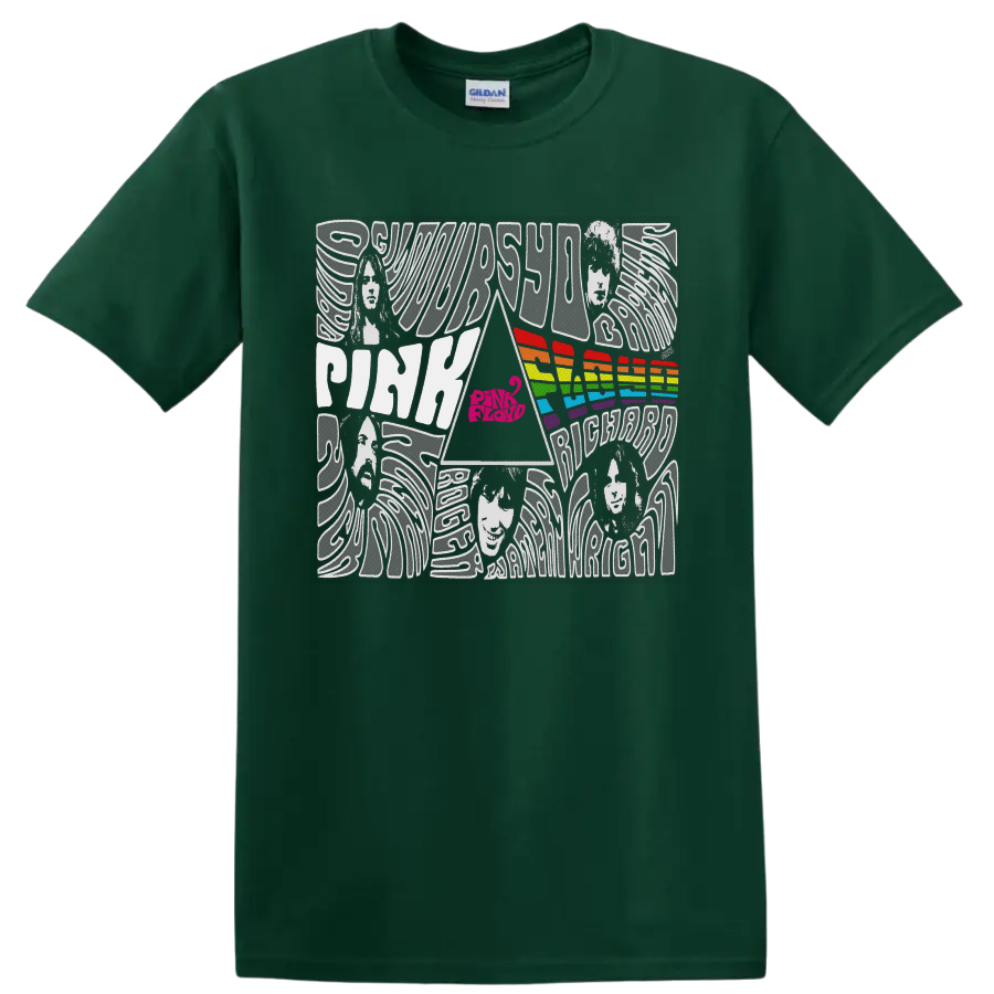 Pink Floyd Dark Side of the Moon prism and rainbow psychedelic collage on a Forest Green T Shirt