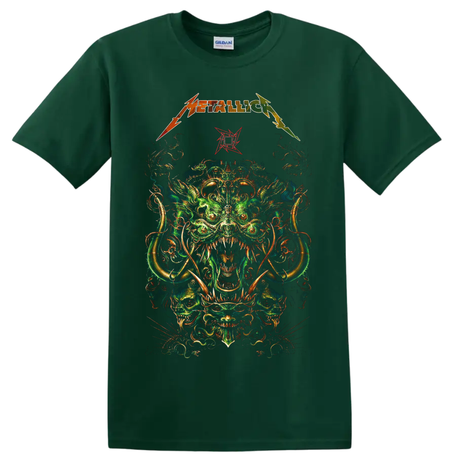 Metallica logo above psychedelic horned creature and skull artwork on a Forest Green T Shirt