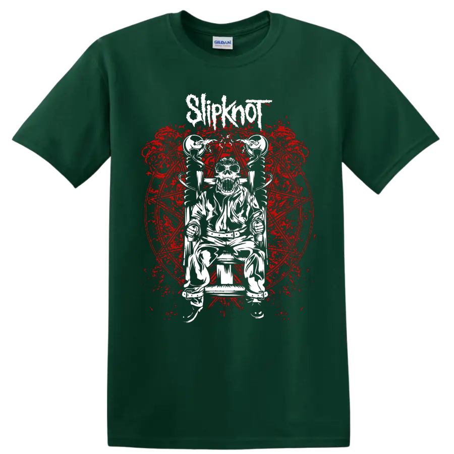 Slipknot logo above skeleton in electric chair with distressed red sigil artwork on a Forest Green T Shirt